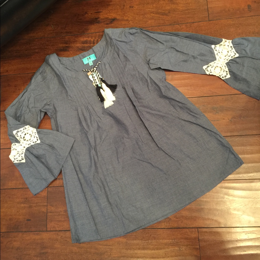 Nwt South Main Boutique Chambray Boho Hippie Top Chambray Blouse S